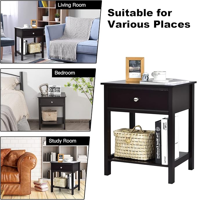 Giantex Nightstand, Wood End Table with Drawer and Open Shelf, Night Stand for Small Spaces, 2-Tier Bedside Table for Living Room Bedroom Dorm, Easy Assembly, Black