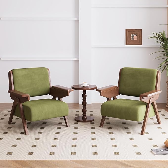 Accent Chair Mid Century Modern Chair, Velvet Upholstered Lounge Arm Chair with Solid Wood, Cozy Reading Chair for Living Room, Bedroom, Balcony (Green)