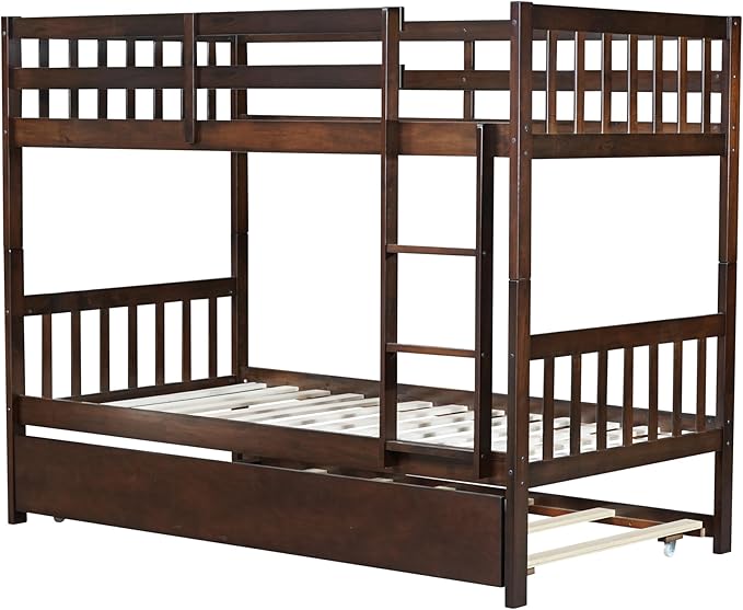 Bellemave Twin Over Twin Bunk Bed with Trundle,Convertible Bunk Beds with Ladder & Safety Guardrails,Twin Size Bunk Beds for Kids Girls Boys,Espresso
