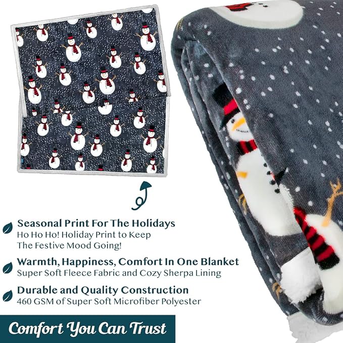 PAVILIA Premium Christmas Sherpa Throw Blanket, 60x80, Grey Snowman Cozy Fleece Holiday Blanket, Reversible Plush Winter Throw for Couch & Bed, Ultra Soft Warm Christmas