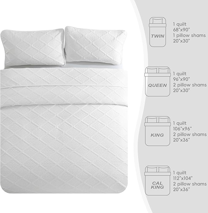 Yiran Quilt Queen Size Bedding Set White Bedspreads Embossed Diamond Pattern 3 Piece Soft Microfiber Coverlet for All Season with 2 Pillow Shams (Full Queen, 96x90 Inch)