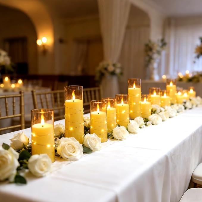 Flameless LED Candles with Timer 24 Pc Flickering Flameless Candles for Romantic Ambiance and Home Decoration Stable Acrylic Shell,with Embedded Star String,Battery Operated Candles(Gold)