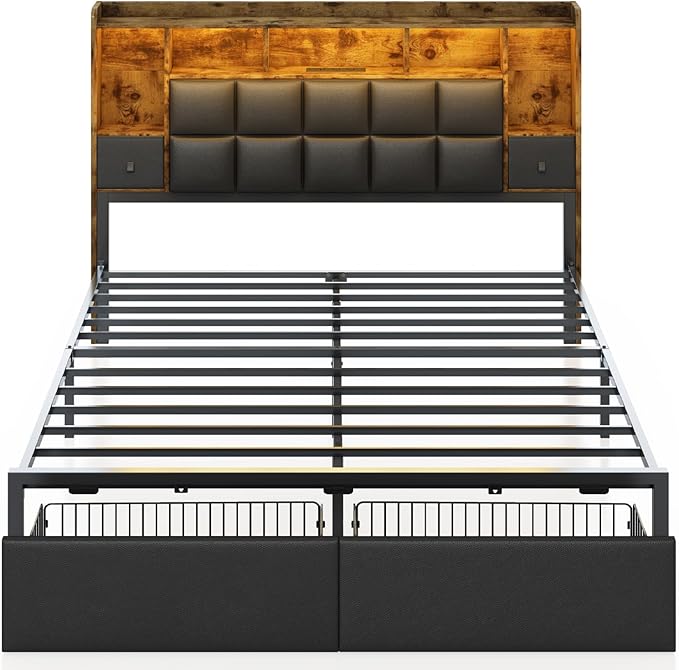 LED Bed Frame Full Size with Bookshelf PU Leather Headboard, 2 Hidden Storage Drawers, Upholstered Platform Bed with Charging Station, Metal Slats Support, Noise Free, No Box Spring Needed