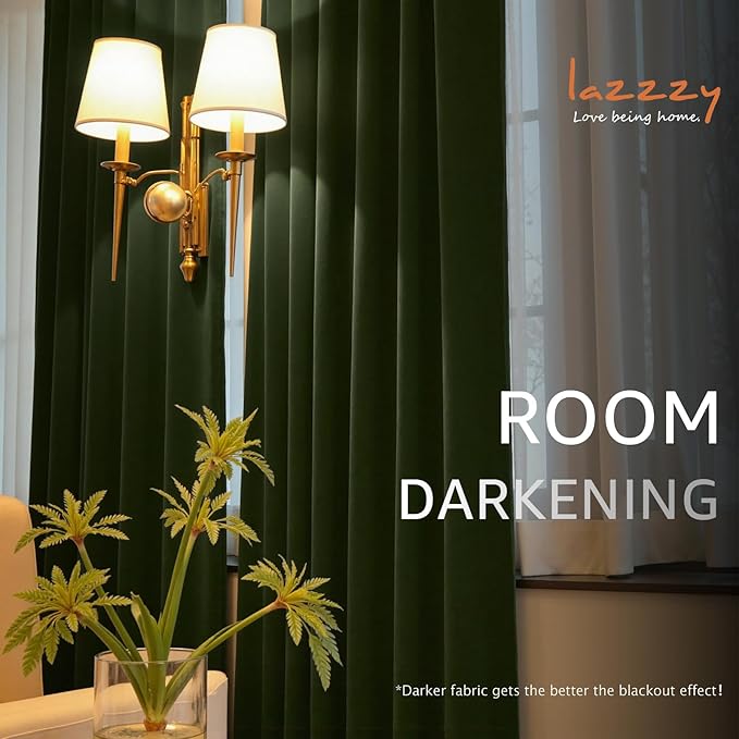 Lazzzy Velvet Blackout Curtains Thermal Insulated Room Window Drapes Super Soft Luxury Curtains for Living Room Bedroom Rod Pocket 2 Panels, Moss, 52" W x 63" L