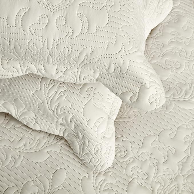 CHIXIN Bedspread Coverlet Quilt Set Full Size - Lightweight Bedding Cover - Ultrasonic Quilting - 5 Piece Reversible Bedspread - Elegant Damask Paisley Pattern (Full, Ivory)
