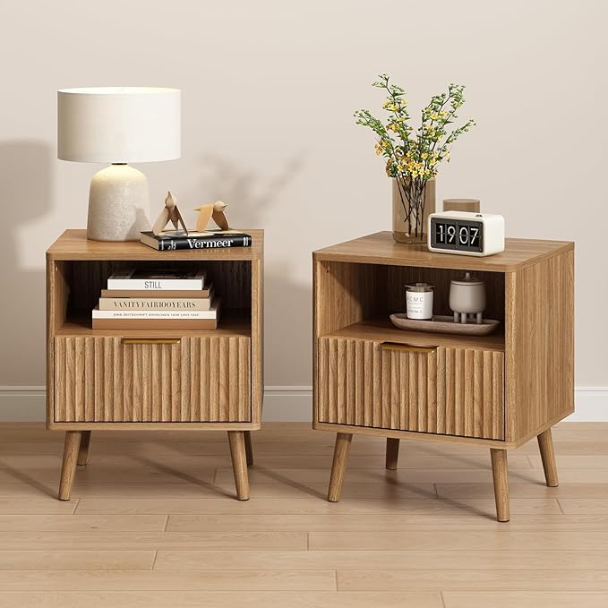 CARPETNAL Fluted Nightstand, Walnut Bedside Table with Drawer and Storage Shelf, Wood End Table Mid Century Night Stands for Bedroom Living Room