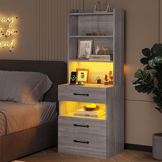 VIAGDO Tall Nightstand with Charging Station and LED Lights, Large Grey Night Stand with Bookshelf, Modern LED Bedside Table with 3 Drawers and Storage Shelves, End Side Table for Bedrooms, Dorms