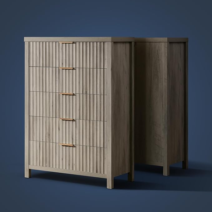 5 Drawers Dresser for Bedroom, 44 Inches Tall Modern Bedroom Dressers, Chest of Drawers for Bedroom, Fluted Dresser for Closet Organizer for Living Room, Hallway, Entryway (Grey Oak)