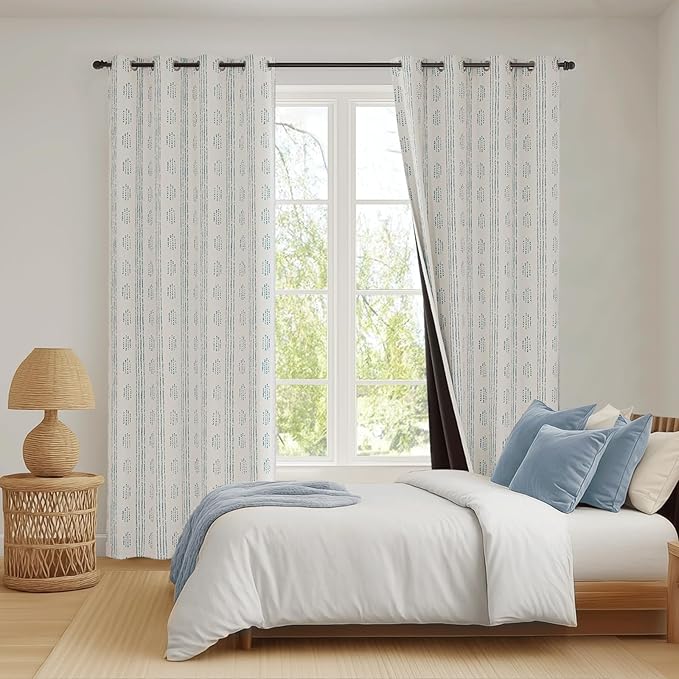 100% Boho Blackout Curtains 90 Inches Long for Bedroom, Blue on Beige Patterned Bohemian Curtains for Living Room, Geometric Striped Thermal Insulated Window Drapes Gromment Top 2 Panels