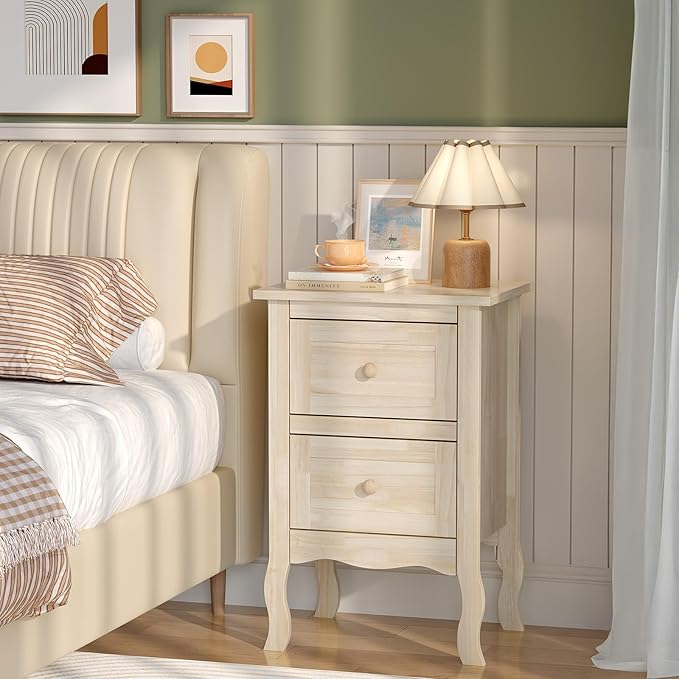 Bonnlo Nightstands Set of 2, Solid Wood Nightstand Unfinished for Color DIY, Small Night Stand for Bedroom, Natural Wood Nightstand with Drawers, Light Wood Nightstands, Real Wooden Bed Side Table