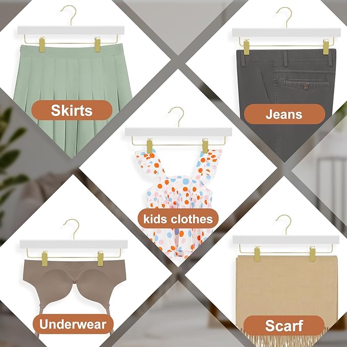 TOPIA HANGER White Wooden Pants Hangers with Gold Clip, 10 Pack Skirt Short Trousers Jeans Slacks Hangers with 360 Swivel Hook and 2 Adjustable Clips with Rubber Padded for Closet, CT50WG