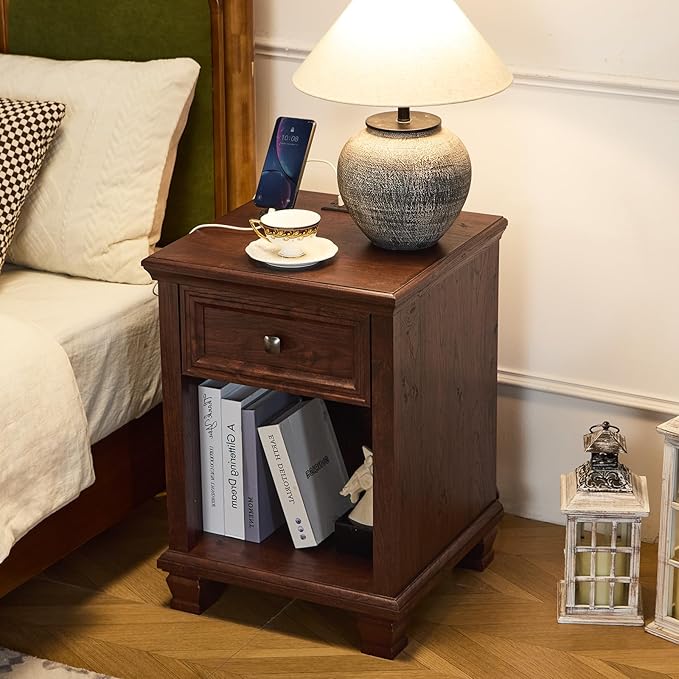 SAVOR LIFE Farmhouse End Tables Living Room Set of 2, Rustic Wood Nightstand with 1 Drawer, Brown Bedside Table with Open Shelf for Bed Room, Side Tables for Living Room, Walnut