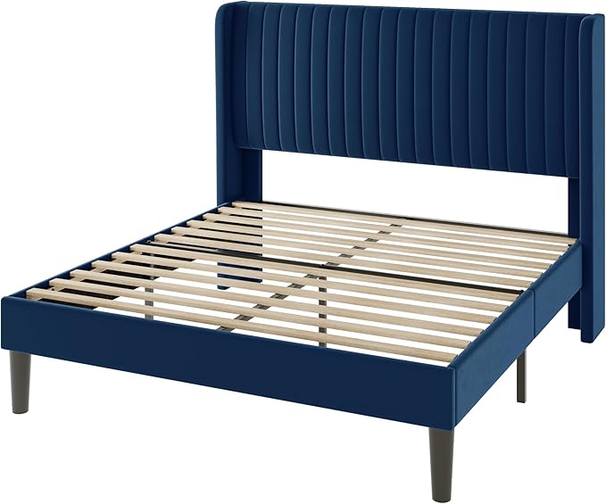 Allewie Full Size Velvet Bed Frame/Vertical Channel Tufted Wingback Headboard/Upholstered Platform Bed/Strong Wooden Slats/No Box Spring Needed/Easy Assembly/Blue