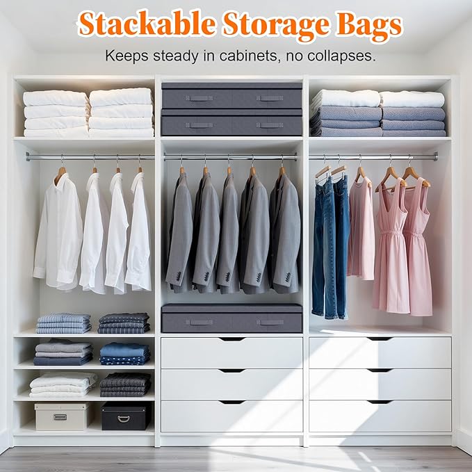 Under Bed Storage Containers with Lids - 2 Pack, Foldable and Stackable Clothes Storage Bags with Clear Window, 3-Sided Handles and Label Slot for Clothing, Blankets, Pillows (Grey)