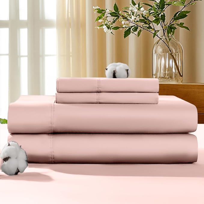 LBRO2M 100% Cotton Sheets Set Deep Pocket 19", 1000 Thread Count California King Size 4 Piece Bed Sheet Sets Soft Comfortable Bedding All Season (California King, Pink)