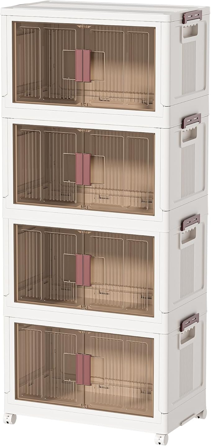 32GAL/128QT 4 tier large stackable storage bins with lid and wheels, collapsible storage bins plastic with doors,suit for clothes, closet, home and office