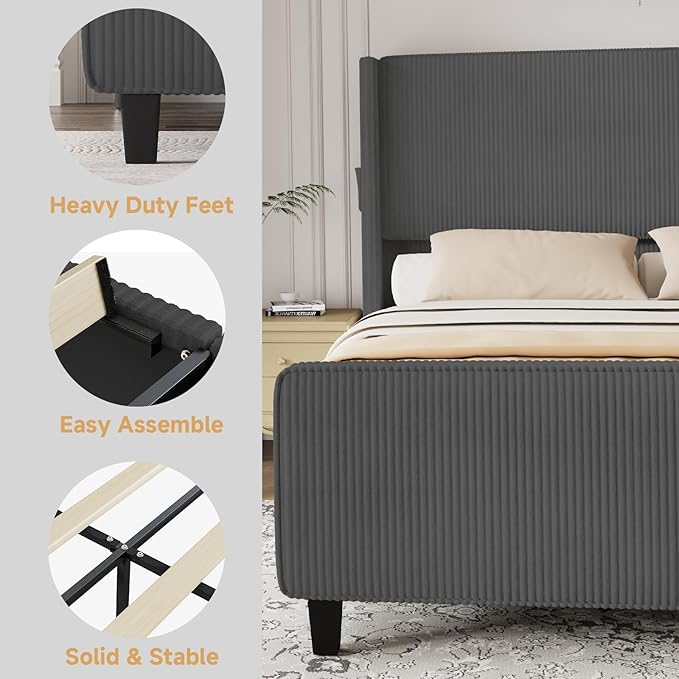 King Size Bed Frame with Headboard, Upholstered Platform Bed with Tall Wingback Headboard & Footboard, Corduroy Bed Frames with USB Ports, Easy Assembly, Grey