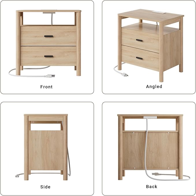 FavourLife Night Stand Set 2, 23" Wide Nightstands Set of 2, Large Nightstand with Charging Station, 2 Drawer Wooden End Table with Solid Round Post Legs, Modern Bedside Table for Bedroom, Natural Oak