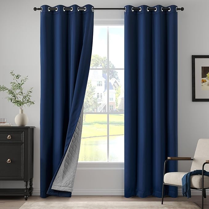 Navy Blue 3-in-1 Heavy Soundproof Curtains Full Blackout Curtains for Bedroom Energy Saving Winter Drapes Grommet Thermal Insulation Room Divider Drapes for Living Room (1 Panel, Navy Blue, 50" x 96")