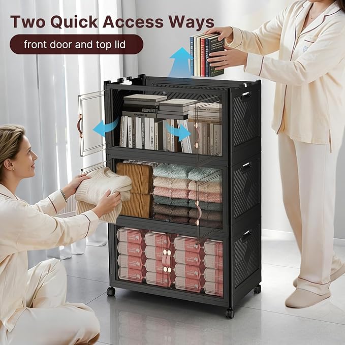 1280Qt Stackable Storage Bins with Lids, 8 Pack Large Collapsible Bins with Wheels, Plastic Cabinet with Doors, Foldable Closet Organizers and Storage for Home, Dorm, Office, Black