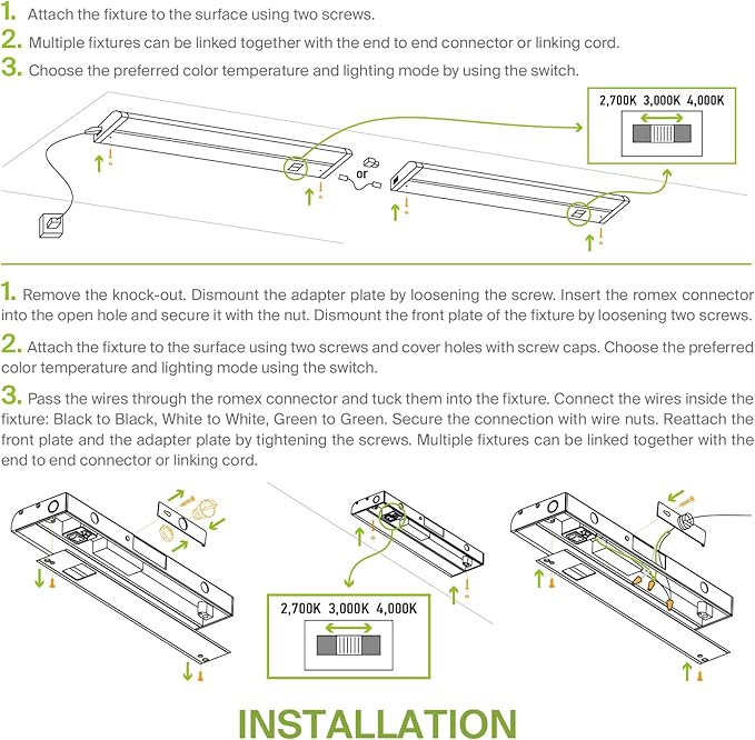 ASD 24 Inch LED Under Cabinet Lighting Plug in or Hardwired, High/Low/Off Switch, 12W 120V 3 CCT 2700K/3000K/4000K CRI90+, Triac Dimmable Linkable Under Counter Lights for Kitchen, ETL Listed, White