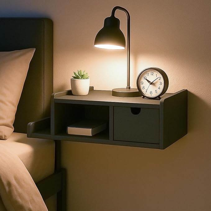 Floating Nightstand with Drawer & Shelf,Wall Mounted Bedside Table for Small Bedrooms,Modern Black End Table with Space Saving Design(Black)