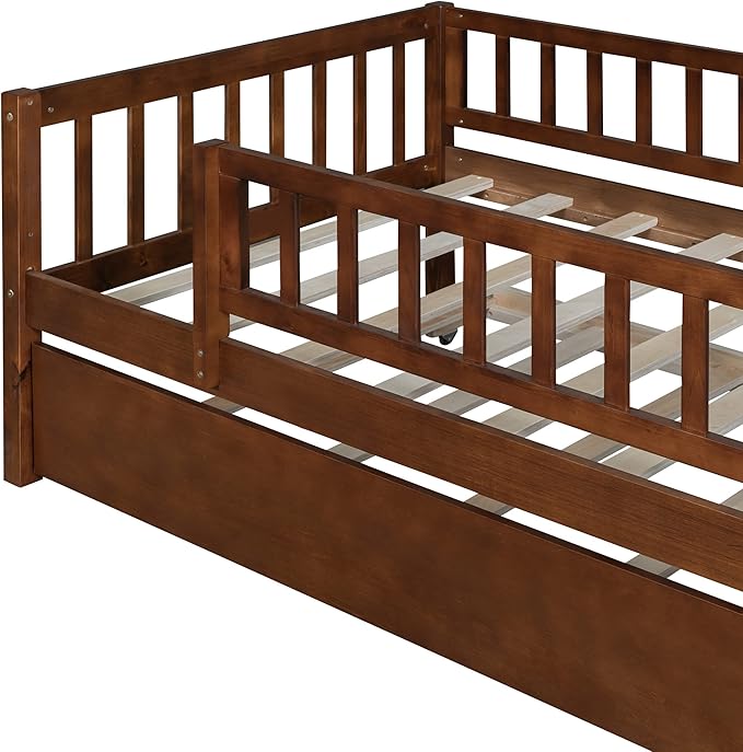Bellemave Twin Bed Frames with Rails for Kids, Twin daybed Frame with Trundle for Boys/Girls/Adults, Walnut