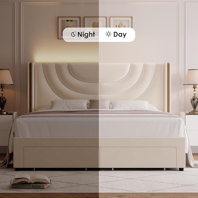 HITHOS Full Upholstered LED Bed Frame with 2 Storage Drawers, Velvet Platform Bed with Wingback Headboard, Solid Wooden Slats Support, No Box Spring Needed, Headboard Splicing Design, Beige