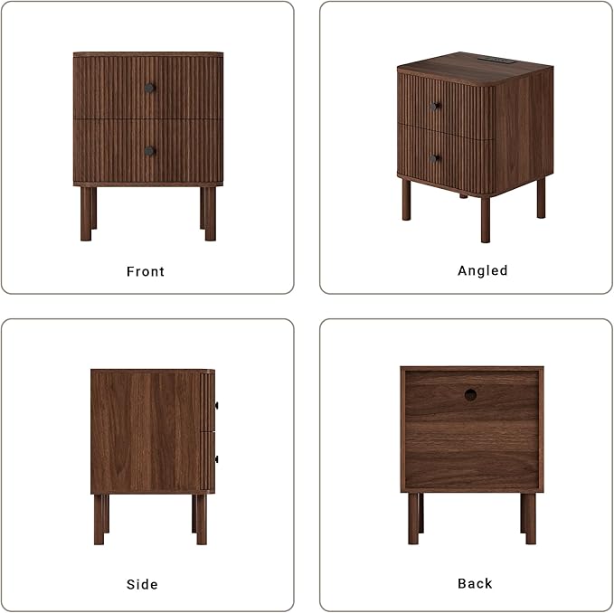Night Stand Set of 2 with Charging Station, 18" Fluted Nightstand with Rounded Corners & Solid Wood Legs, 2 Drawers End Table, Mid Century Modern Bedside Table for Bedroom, Walnut