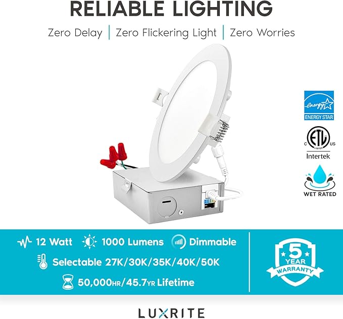LUXRITE 6 Inch Ultra Thin LED Recessed Light with J-Box, 12W, Color Temperature Selectable 2700K | 3000K | 3500K | 4000K | 5000K, Dimmable Wafer Light, 1000 Lumens, Energy Star, IC Rated (6 Pack)