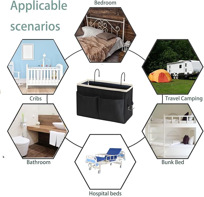 Someteth Bedside Caddy/Bedside Hanging Storage Bag Multi-Function Caddy for Bunk bed Hospital Beds Dorm Bed Rails, Holders Books Glasses Phones Magazine(2pc Black)