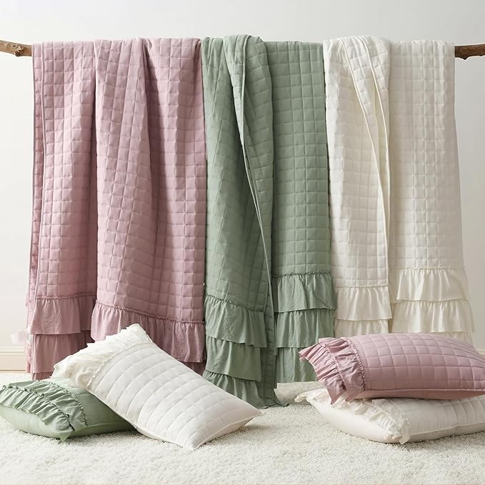 HORIMOTE HOME Ivory Ruffled Quilt Set King Size, Classic Geometric Square Stitched Pattern, Pre-Washed Farmhouse Shabby Chic Microfiber Lightweight Bedding Set Bedspread Coverlet for All Season