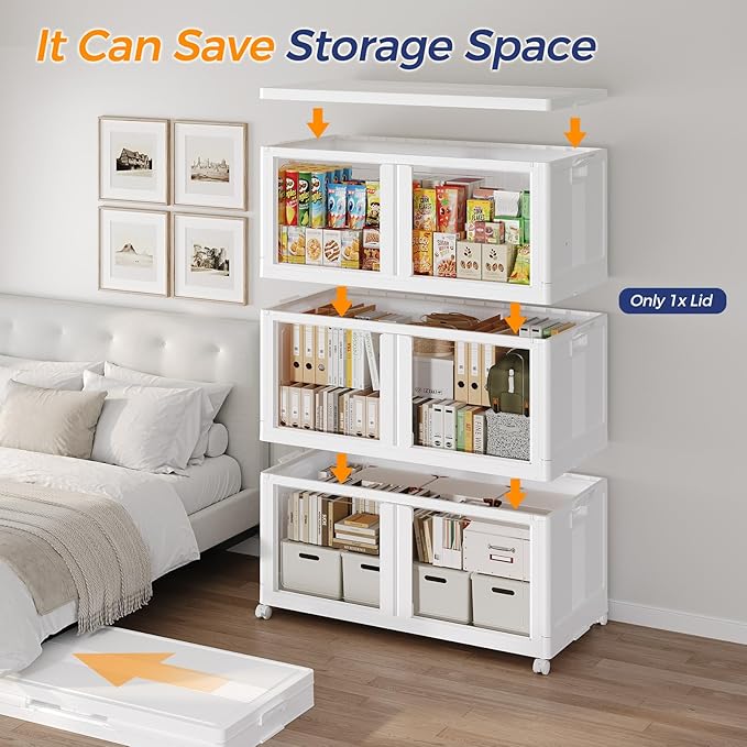200GAL Large Stackable Storage Bins with Lid and Wheels, 800Qt Collapsible Organizer Cabinet with Clear Door, for Closet, Bedroom, Kitchen, Garage, 4-Pack White