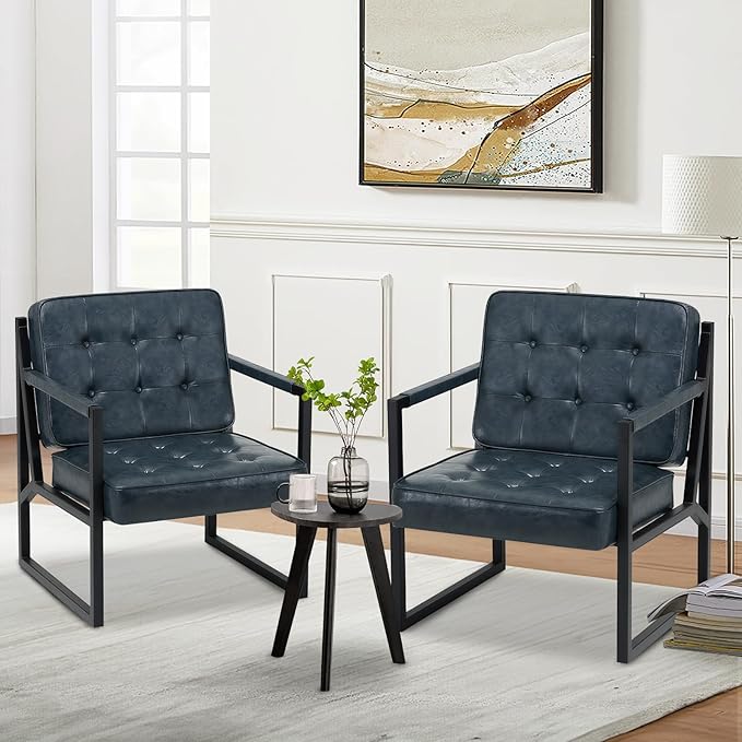 COLAMY Modern Accent Chair, Accent Arm Chair for Living Room, Comfy Leather Armchair with Metal Legs for Bedroom Reception Waiting Room, Blue