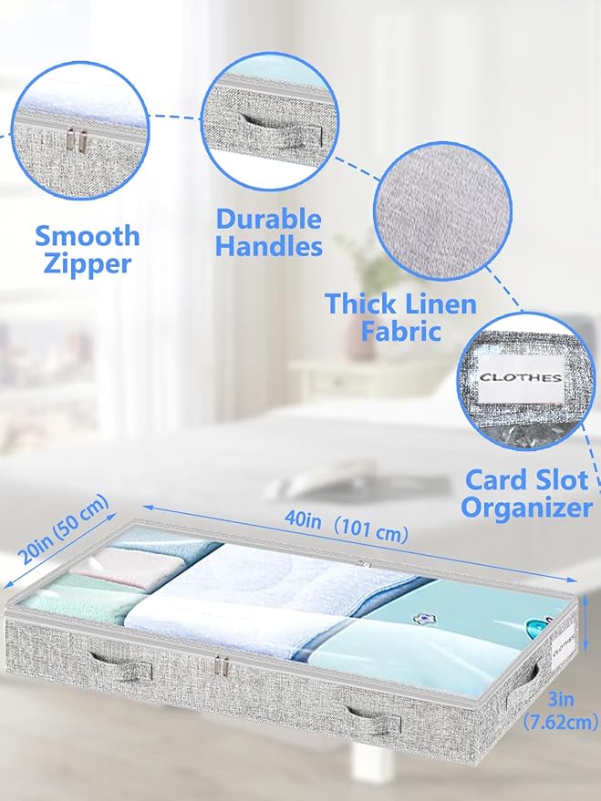 Low Profile Under Bed Storage, 3-Inch High Foldable Underbed Storage Bins with Lid & Zipper, No Structure, Super Slim Clothes Organizer for Crib Dorm Couch Low Bed, 8-Pack, Clear Top