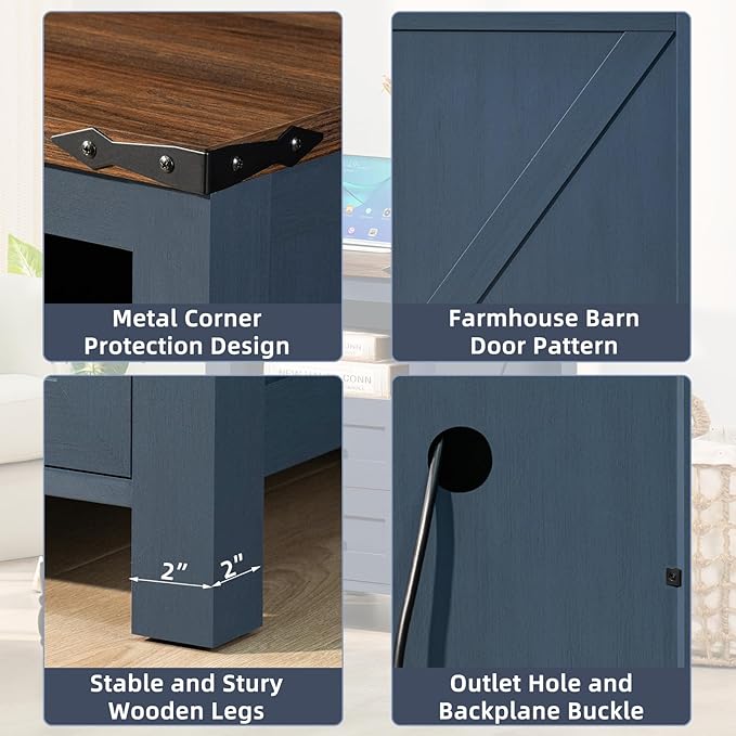 Joaxswe Nightstand with Charging Station, Farmhouse Night Stand with 2 Drawers and Shelf Storage, Blue Wooden Side End Table, Bedside Cabinet for Bedroom, Living Room, Closet,Office