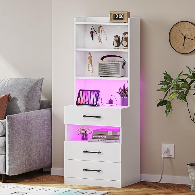 VIAGDO Tall Nightstand Set of 2 with Charging Station and LED Lights, White Night Stand Set 2 with Bookshelf, Modern LED Bedside Tables with 3 Drawers and Storage Shelves, Side Tables for Bedrooms