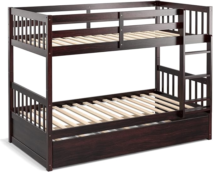 Giantex Twin Over Twin Bunk Bed with Trundle, Convertible Platform Bed Frame with Ladder & Solid Wood Frame, Space-Saving Bunk Bed for Teens & Adults, No Box Spring Needed, Espresso