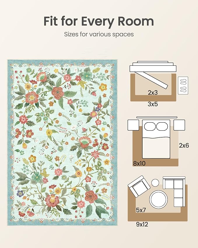 Amada 6x9 Area Rugs, Non-Slip & Low-Profile Living Room Rug with Reinforced Edge Binding, Soft Large Washable Boho Floral Rugs for Living Room, Bedroom, Dining Room