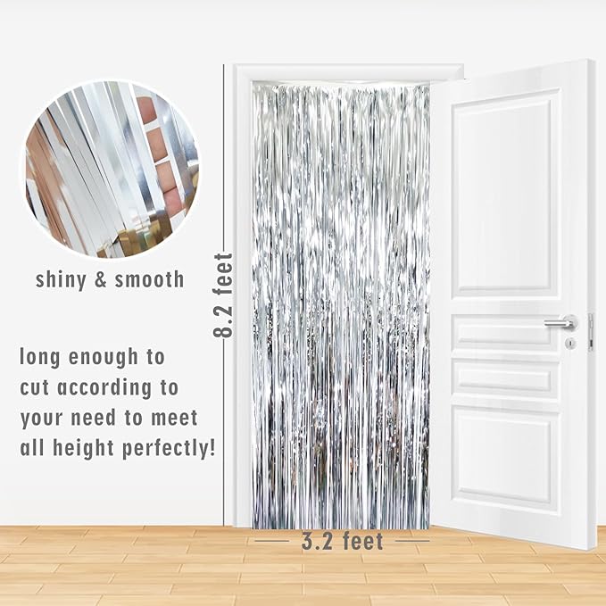 GOER 3.2 ft x 8.2 ft Metallic Tinsel Foil Fringe Curtains Party Photo Backdrop Party Streamers for Birthday,Graduation,New Year Eve Decorations Wedding Decor (Silver,3 pcs)
