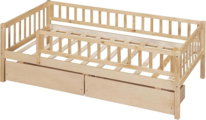 Bellemave Twin Bed Frames with Rails for Kids, Twin daybed Frame with Drawers for Boys/Girls/Adults, Natural