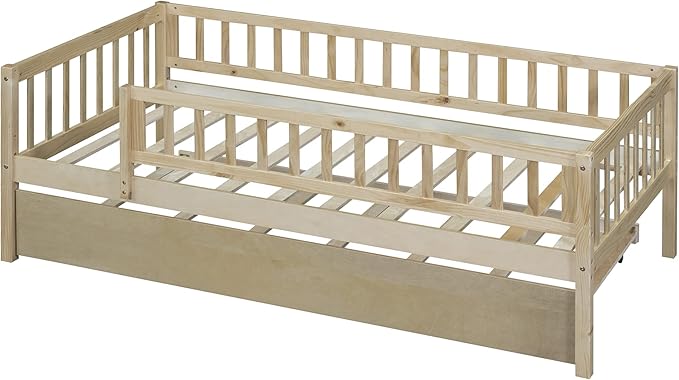 Bellemave Twin Bed Frames with Rails for Kids, Twin daybed Frame with Trundle for Boys/Girls/Adults, Natural