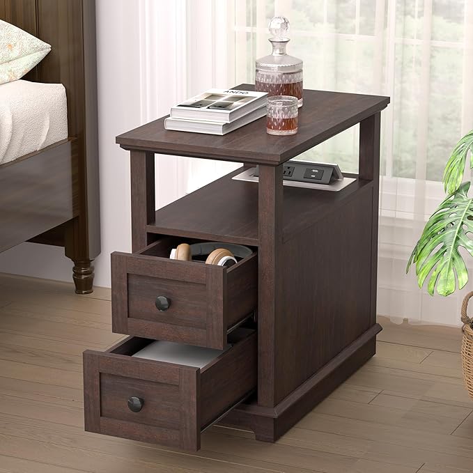 HIFYOBRO Narrow End Table with Flip Top Charging Station, Side Table with 2 Drawers, Type-C & USB Port & Power outlets, Wooden Storage Cabinet, Side Table with Storage for Living Room and Bedroom