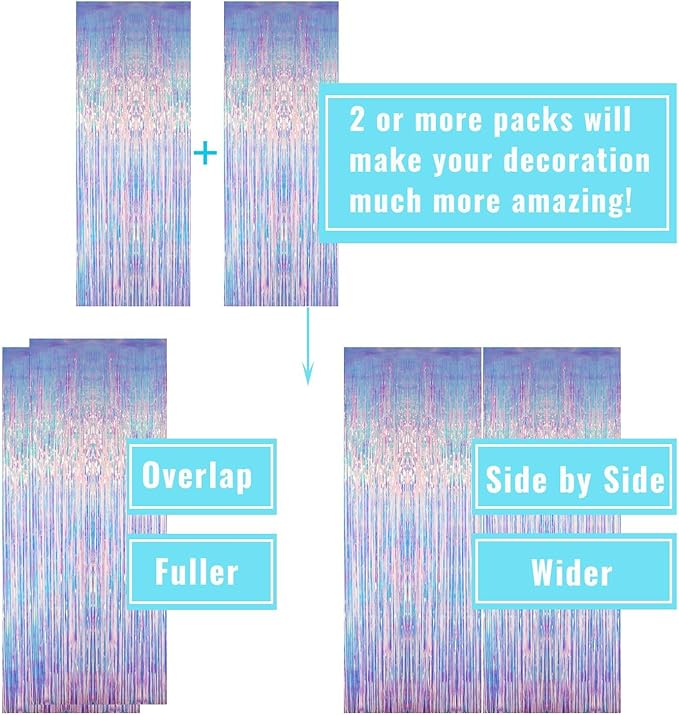 GOER 3.2 ft x 6.5 ft Metallic Tinsel Foil Fringe Curtains Party Photo Backdrop Party Streamers for Mermaid Birthday Party Decorations(3 Packs,Iridescent)