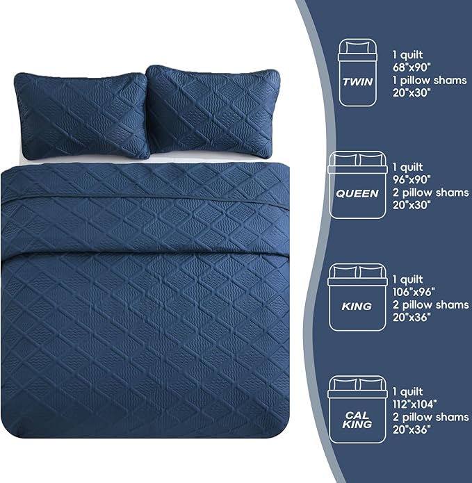 Yiran Navy Blue Quilt Set King Size Fall Bedspreads Embossed Diamond Pattern 3 Piece Soft Microfiber Coverlet Set for All Season with 2 Pillow Shams (106x96 Inch)