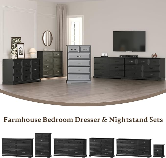 Farmhouse 6 Drawers Dresser for Bedroom, 54" Wide Modern Chest of Drawers with Deep Drawers & Bar Handles, Rustic Wood Dresser TV Stand, Wooden Closet Storage Organizer for Living Room, Hallway, Black