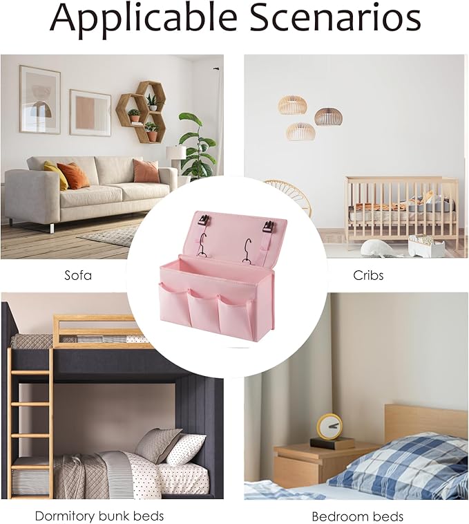 LASAMOLL Bedside Caddy Bedside Storage Organizer,Bed Caddy With Thickened Material Suitable for Homes, Dormitories, Hospitals, Cribs, RVs,Great for Magazines,Books,Remote, Phone (Pink)