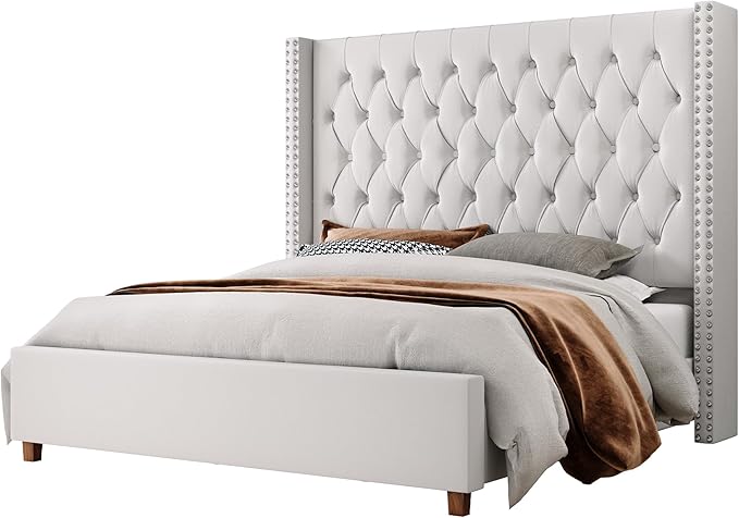 Jocisland California King Bed Frame with 61.4" Tall Wingback Headboard, Velvet Upholstered Platform Bed, Handcrafted Pleats& Deep Button Tufted, Solid Wood Legs, No Box Spring Required, Cream