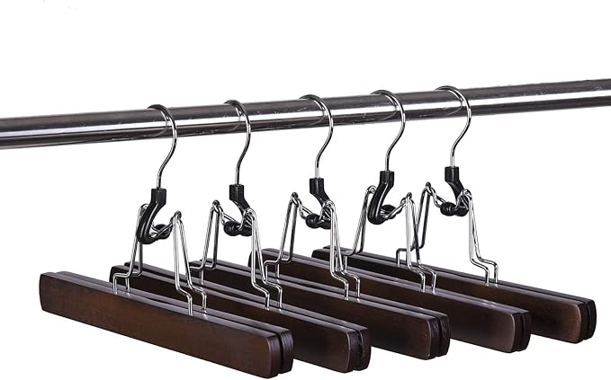 Amber Home Wooden Pants Clip Hangers 10 Pack, Skirt Hangers with Non Slip Padded Velvet, Smooth Finish Solid Wood Jeans/Slack Hanger,Clamp Hangers in Antique Color