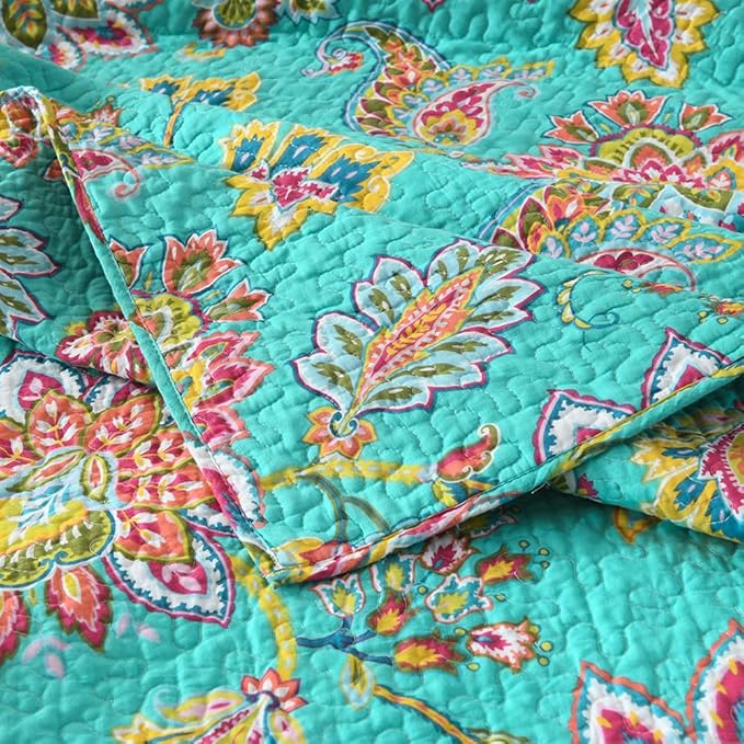 Cotton Bedspread Quilt Sets Reversible Bedding Coverlet Sets Comforter Paisley Floral Bedspread (Green Vintage Floral, King Size)